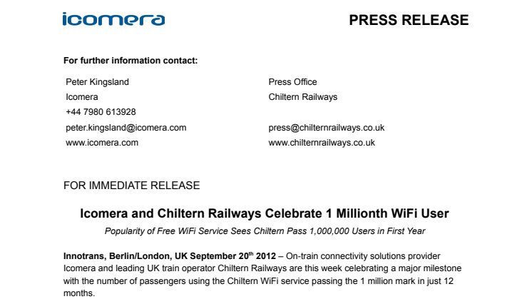 Icomera and Chiltern Railways Celebrate 1 Millionth WiFi User