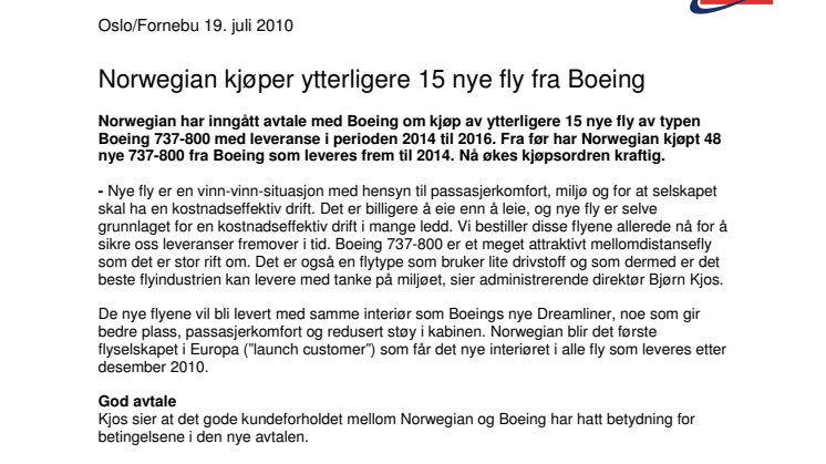 Norwegian kjøper ytterligere 15 nye fly fra Boeing