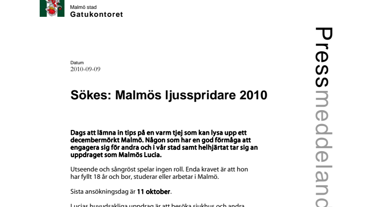 Sökes: Malmös ljusspridare 2010