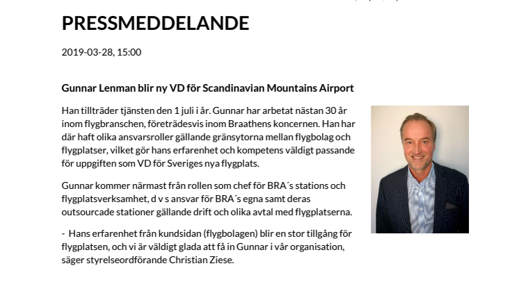 Gunnar Lenman blir ny VD för Scandinavian Mountains Airport 