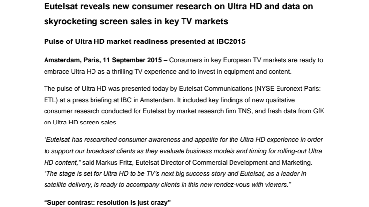 Eutelsat reveals new consumer research on Ultra HD and data on skyrocketing screen sales in key TV markets