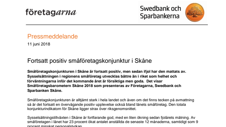 Fortsatt positiv småföretagskonjunktur i Skåne