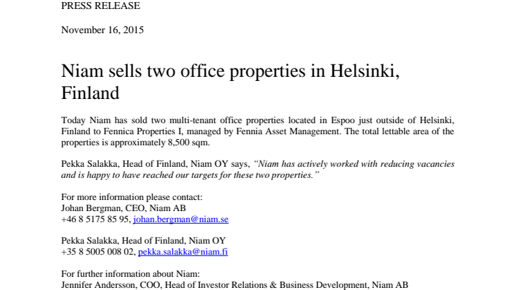 Niam sells two office properties in Helsinki, Finland