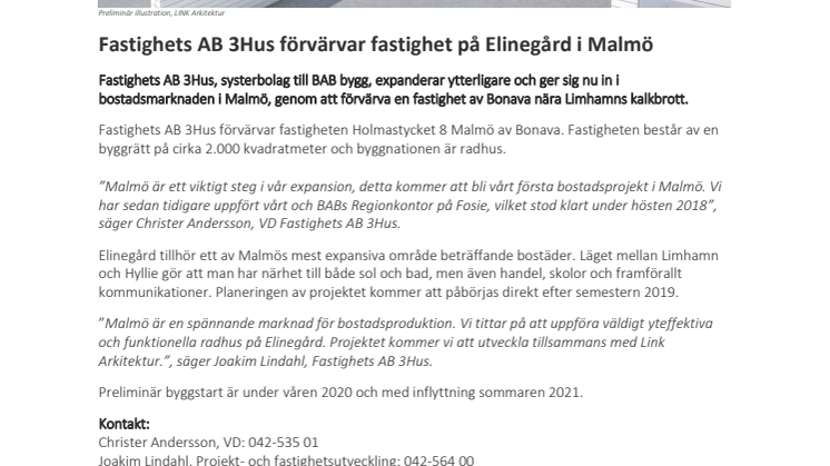 Fastighets AB 3Hus förvärvar fastighet på Elinegård i Malmö