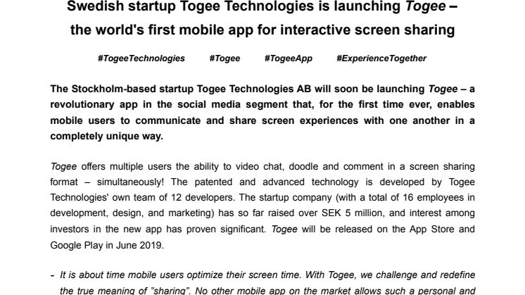 Swedish startup Togee Technologies is launching Togee – the world's first mobile app for interactive screen sharing