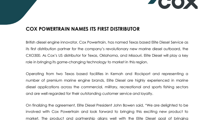 Cox Powertrain: Cox Powertrain Names its First Distributor