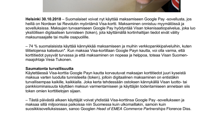Google Pay saatavilla Visa-kortin haltijoille Suomessa