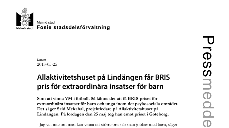 Allaktivitetshuset på Lindängen får BRIS-priset för extraordinära insatser för barn