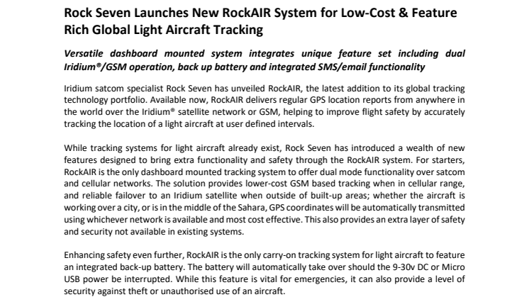 Rock Seven: Rock Seven Launches New RockAIR System for Low-Cost & Feature Rich Global Light Aircraft Tracking