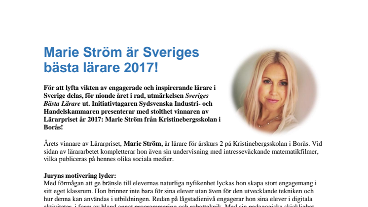 Marie Ström är Sveriges bästa lärare 2017!