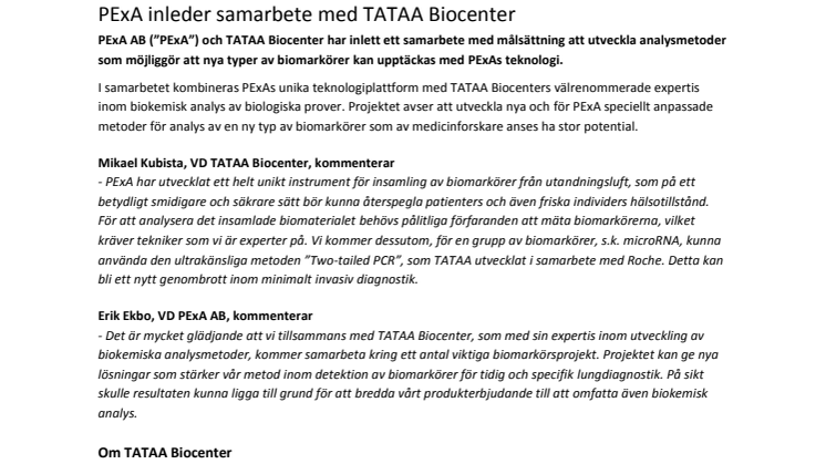 PExA inleder samarbete med TATAA Biocenter