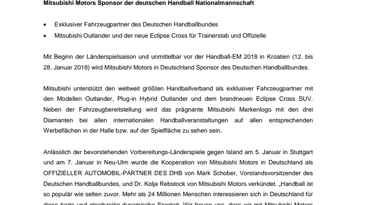 Mitsubishi Motors Sponsor der deutschen Handball Nationalmannschaft