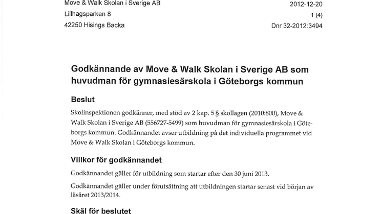 Move & Walk Skola - godkänd som huvudman för gymnasiesärskola i Göteborg