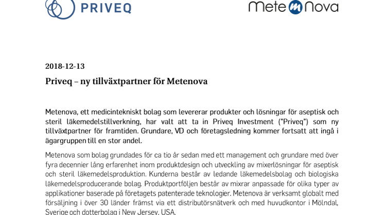 Priveq - ny tillväxtpartner för Metenova