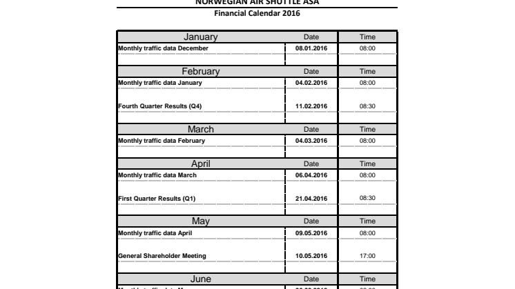 Financial Calendar for 2016