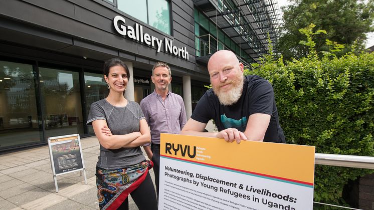 Dr Bianca Fadel and Professor Matt Baillie Smith are joined by Associate Professor Steve Gilroy (centre), Deputy Head of Arts at Northumbria, at the RYVU exhibition