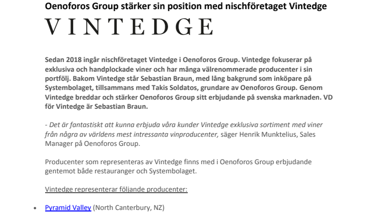 ​Oenoforos Group stärker sin position med nischföretaget Vintedge