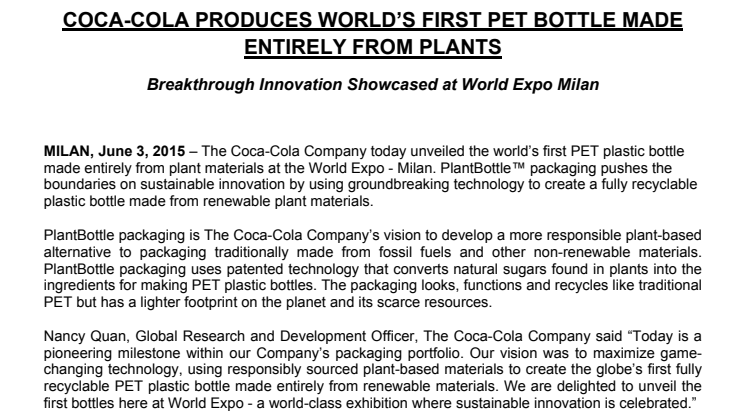 Coca-Colan 100% kasvipohjainen pakkausinnovaatio esiteltiin Milanon Maailmannäyttelyssä  