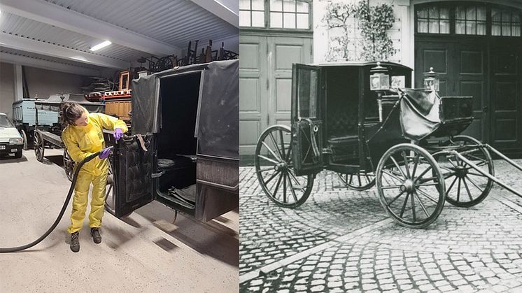 Foto: Kulturmagasinet/Helsingborgs museer. På bild 1: Konservator Sofia Rydell med en av vagnarna. Bild 2: Bilden med en förspänd vagn föreställer den så kallade Ingelssons kupé. Vagnen tillverkades i slutet av 1800-talet på beställning av Stockholms