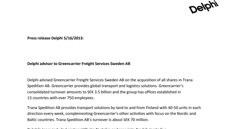 Delphi advisor to Greencarrier Freight Services Sweden AB