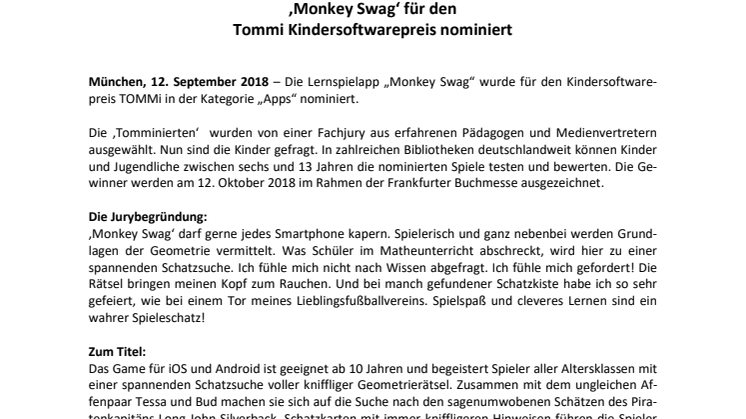 ‚Monkey Swag‘ für den Kindersoftwarepreis TOMMI nominiert