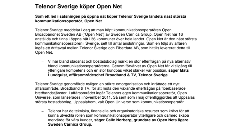 Telenor Sverige köper Open Net