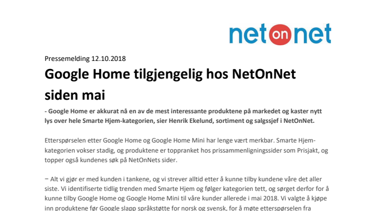 Google Home tilgjengelig hos NetOnNet siden mai