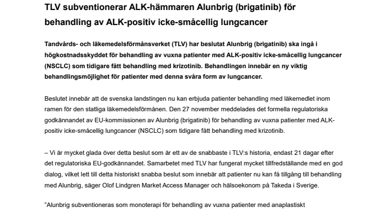 ​TLV subventionerar ALK-hämmaren Alunbrig (brigatinib) för behandling av ALK-positiv icke-småcellig lungcancer