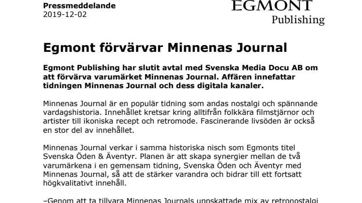 Egmont förvärvar Minnenas Journal