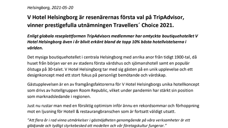 V Hotel Helsingborg är resenärernas första val på TripAdvisor, vinner Travellers´ Choice Award 2021.