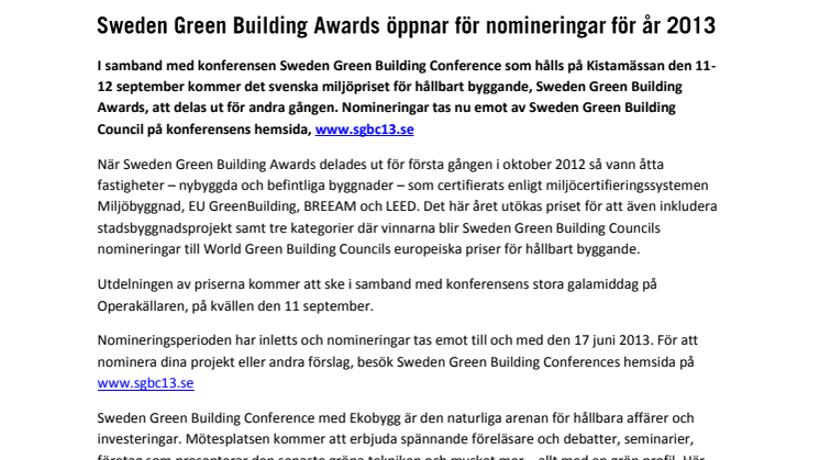 Sweden Green Building Awards öppnar för nomineringar för år 2013