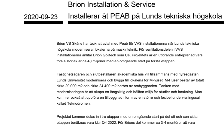 Brion Installation & Service Installerar åt PEAB på Lunds tekniska högskola 