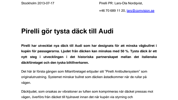 Pirelli gör tysta däck till Audi