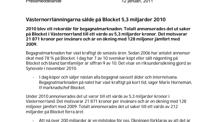 Västernorrlänningarna sålde på Blocket 5,3 miljarder 2010 
