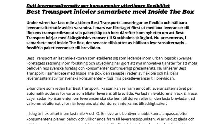 Best Transport inleder samarbete med Inside The Box