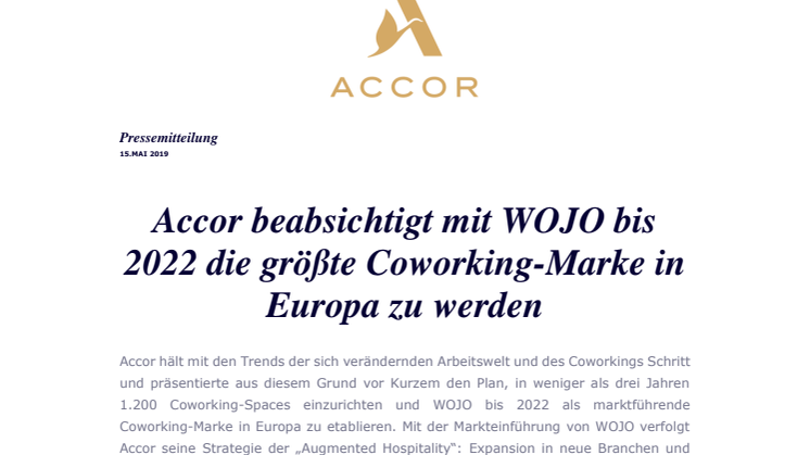 Accor beabsichtigt mit WOJO bis 2022 die größte Coworking-Marke in Europa zu werden