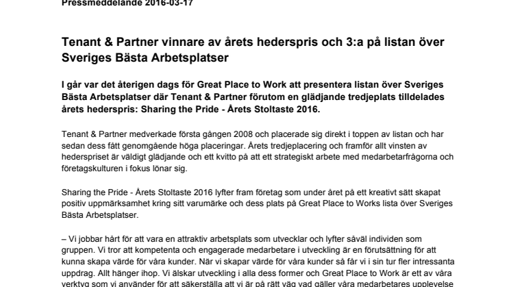Tenant & Partner vinnare av årets hederspris och 3:a på listan över Sveriges Bästa Arbetsplatser