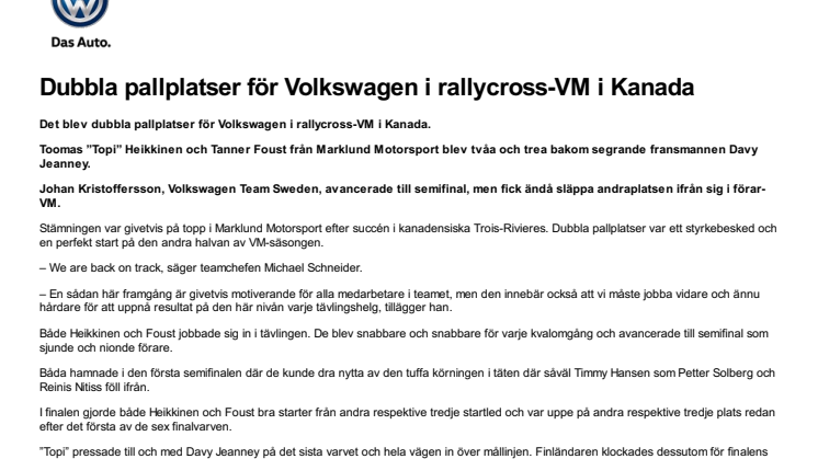 Dubbla pallplatser för Volkswagen i rallycross-VM i Kanada