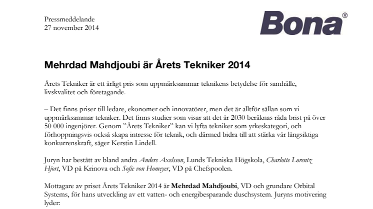 Mehrbad Mahdjoubi är Årets Tekniker 2014