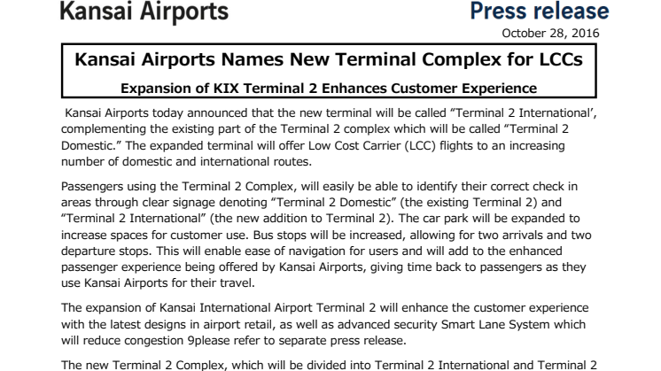Kansai Airports Names New Terminal Complex for LCCs.