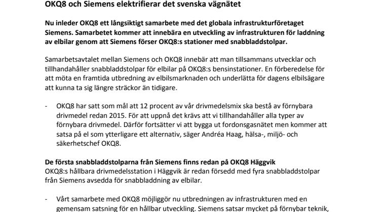 OKQ8 och Siemens elektrifierar det svenska vägnätet 