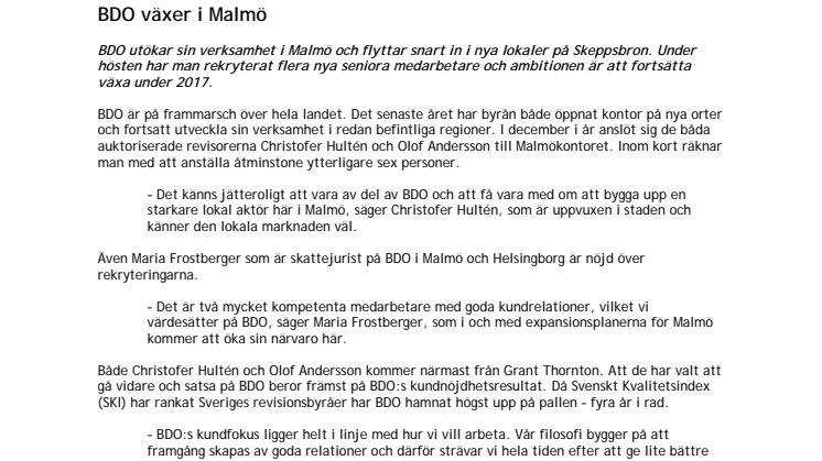 BDO växer i Malmö