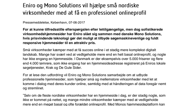 Eniro og Mono Solutions vil hjælpe små nordiske virksomheder med at få en professionel onlineprofil