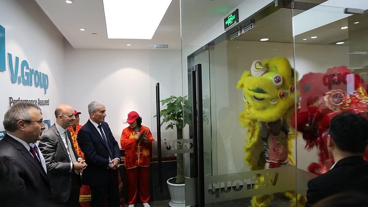 Traditional Lion dance at the opening of V.Group's new head office in Shanghai