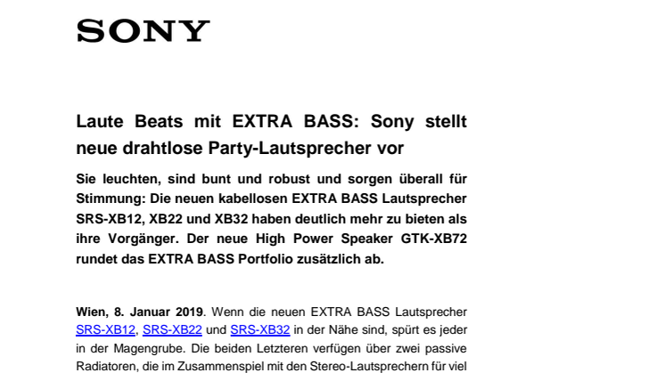 Laute Beats mit EXTRA BASS: Sony stellt neue drahtlose Party-Lautsprecher vor