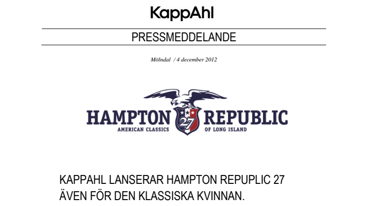 KappAhl lanserar Hampton Republic 27 även för den klassiska kvinnan