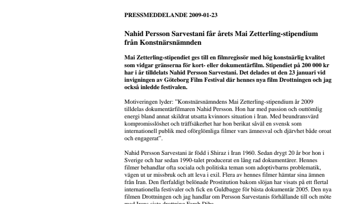 Nahid Persson Sarvestani får årets Mai Zetterling-stipendium från Konstnärsnämnden
