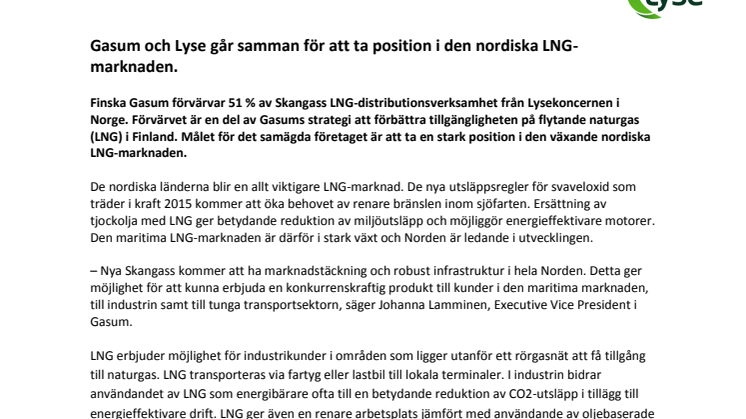 Gasum och Lyse går samman för att ta position i den nordiska LNG-marknaden. 