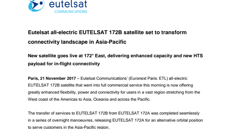Eutelsat all-electric EUTELSAT 172B satellite set to transform connectivity landscape in Asia-Pacific