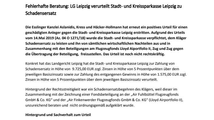 Fehlerhafte Beratung: LG Leipzig verurteilt Stadt- und Kreissparkasse Leipzig zu Schadensersatz